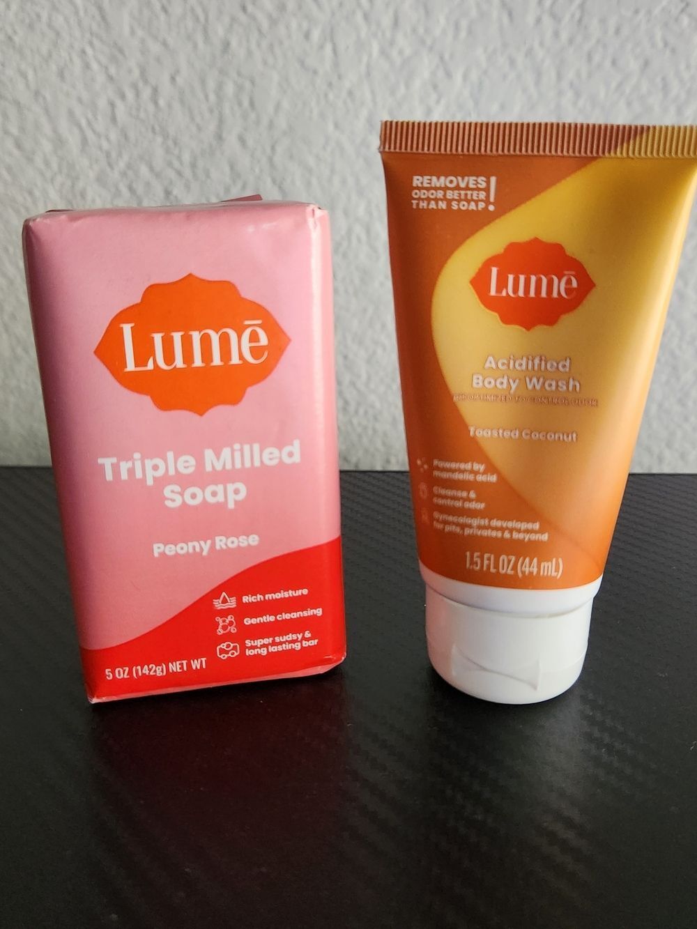 Lume Travel Size Body Wash Coconut & Full Size Triple Milled Soap Peony Rose